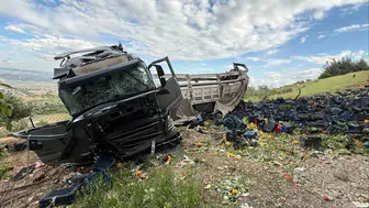 Gaziantep'te viyadük dehşeti: Meyve yüklü tır otomobile çarptıktan sonra şarampole uçtu