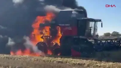 Çeltik tarlasında korku dolu anlar: Hasat makinesi küle döndü
