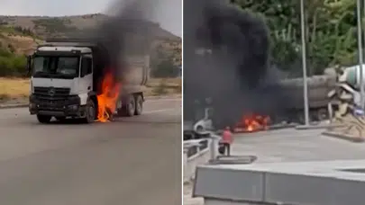 Yolda seyir halindeki kamyon alev aldı: Beton mikseri sürücüsünden kahramanca müdahale
