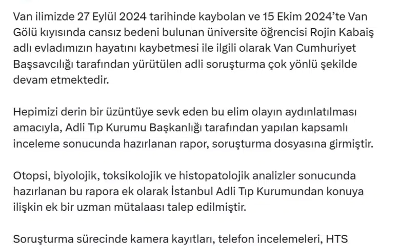 Bakan Tunç'tan Rojin Kabaiş'in Ölümüyle İlgili Açıklama